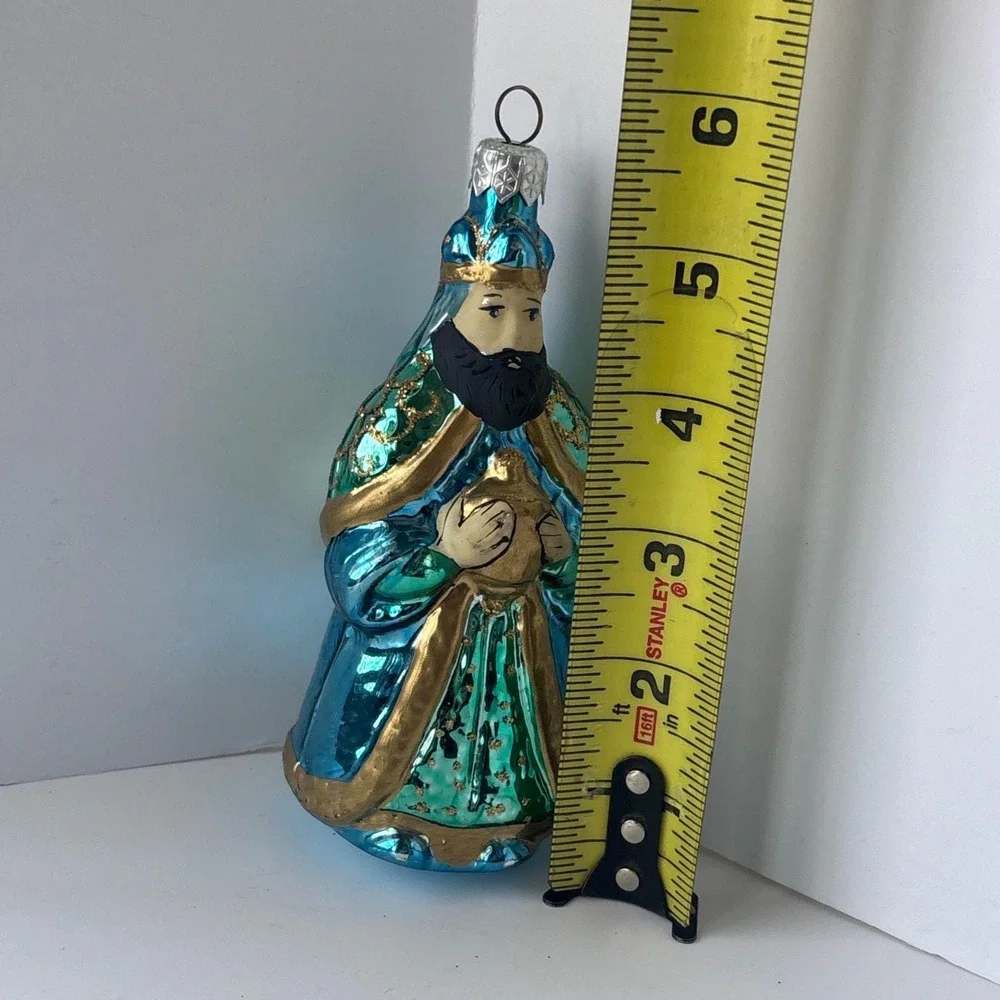 Vintage Blown Glass Wise Man King Christmas Ornament Teal Blue Gold Glitter 6
